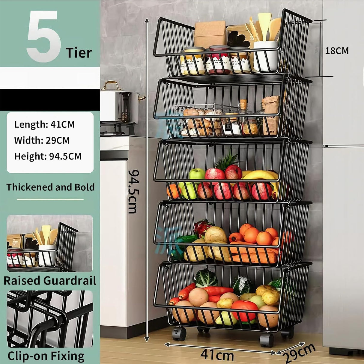 CARLA HOME Metal 5-Tier Rolling Vegetable and Fruit Basket Cart Stand for Kitchen-1992735284772605953