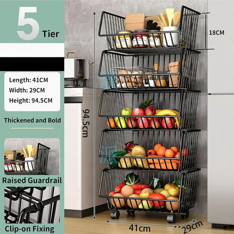 CARLA HOME Metal 5-Tier Rolling Vegetable and Fruit Basket Cart Stand for Kitchen-1992735284772605953