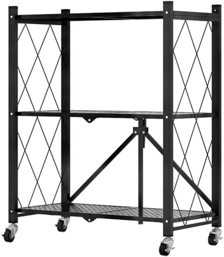 CARLA HOME 3-Tier Foldable Storage Shelf with Wheels for Kitchen, Garage, Pantry or Basement (Black)-1992735282809671680