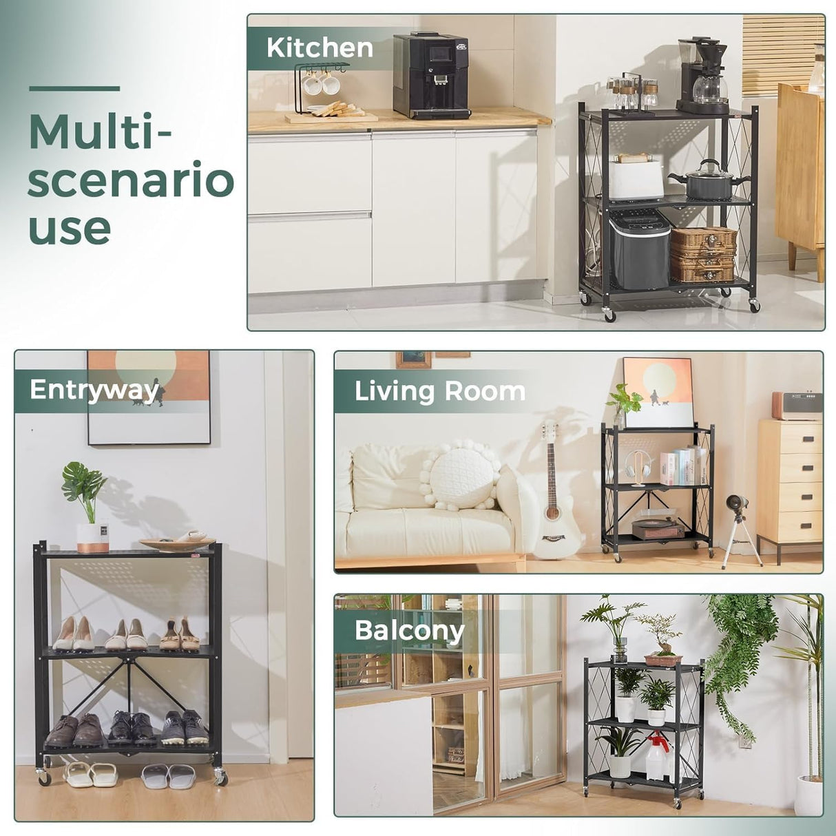 CARLA HOME 3-Tier Foldable Storage Shelf with Wheels for Kitchen, Garage, Pantry or Basement (Black)-1992735282809671681