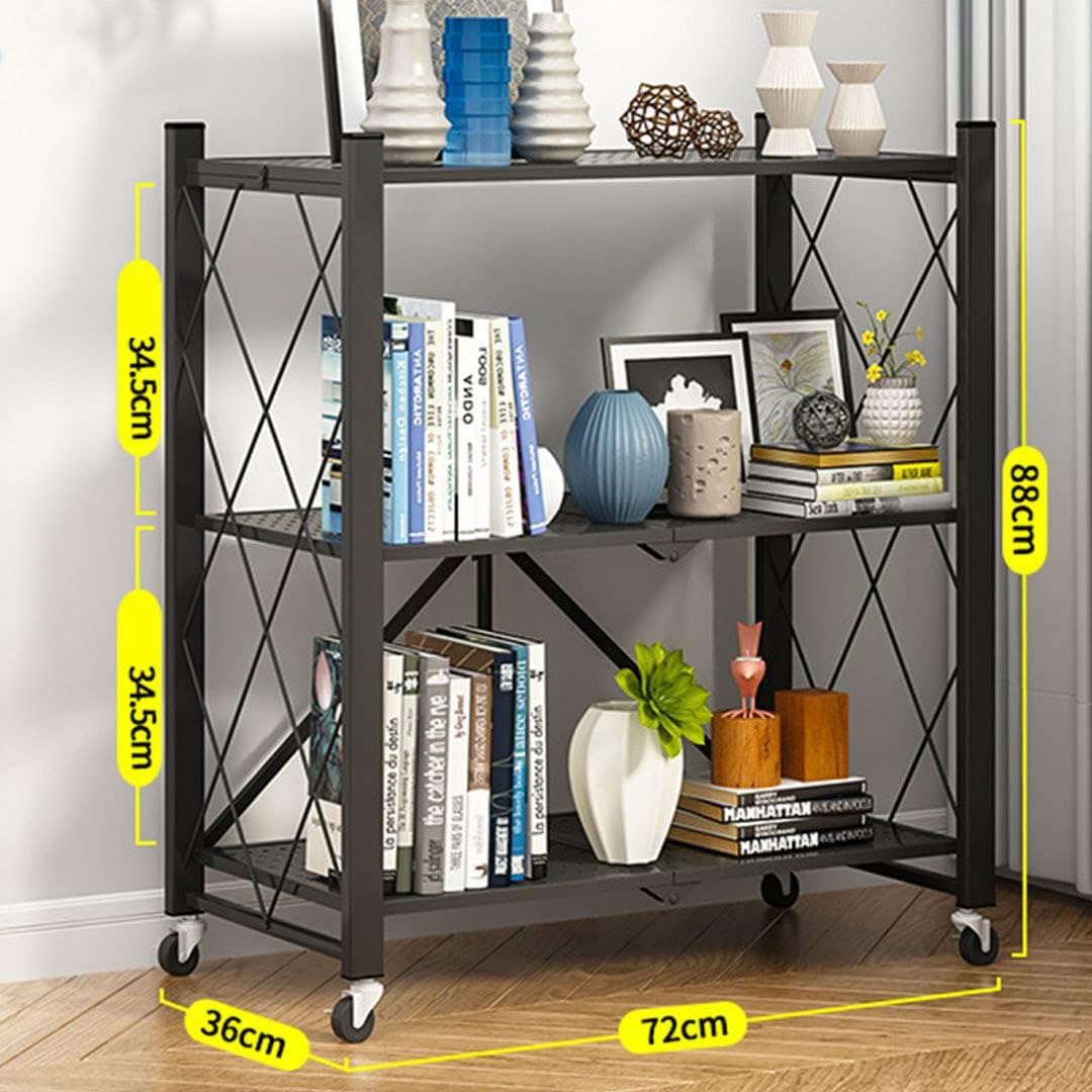 CARLA HOME 3-Tier Foldable Storage Shelf with Wheels for Kitchen, Garage, Pantry or Basement (Black)-1992735282809671682