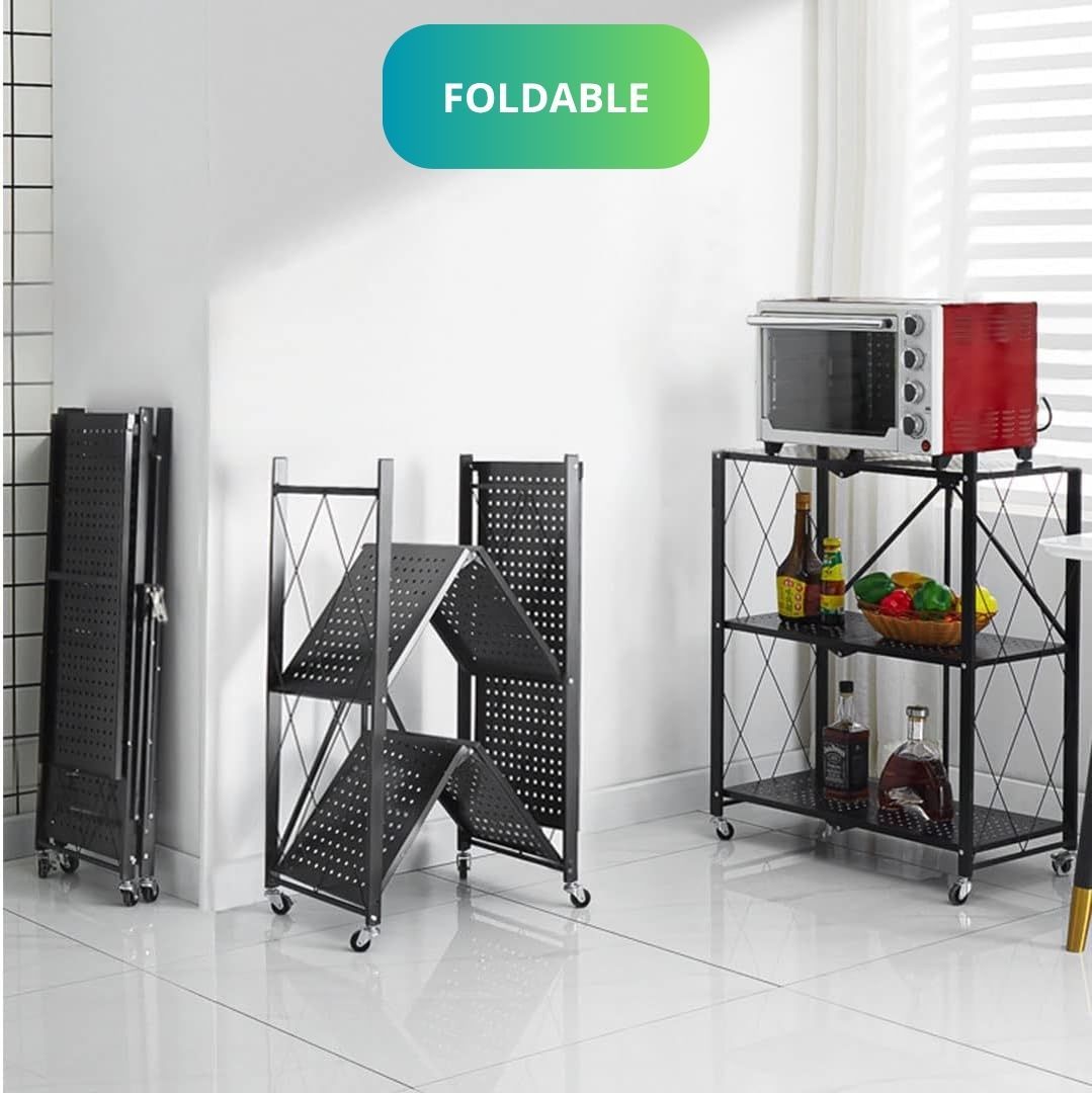 CARLA HOME 3-Tier Foldable Storage Shelf with Wheels for Kitchen, Garage, Pantry or Basement (Black)-1992735282809671683