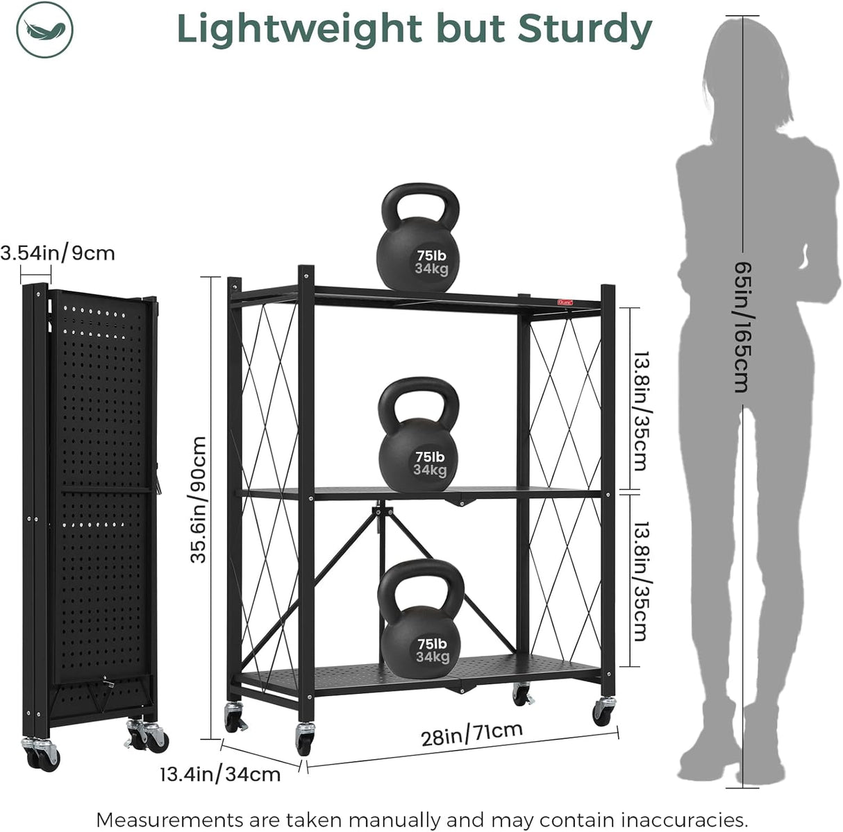 CARLA HOME 3-Tier Foldable Storage Shelf with Wheels for Kitchen, Garage, Pantry or Basement (Black)-1992735282809671685