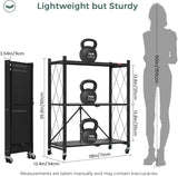 CARLA HOME 3-Tier Foldable Storage Shelf with Wheels for Kitchen, Garage, Pantry or Basement (Black) - 45-Degree Angle