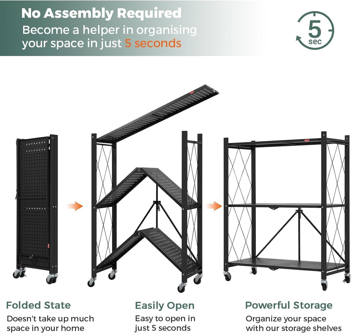 CARLA HOME 3-Tier Foldable Storage Shelf with Wheels for Kitchen, Garage, Pantry or Basement (Black)-1992735282809671686