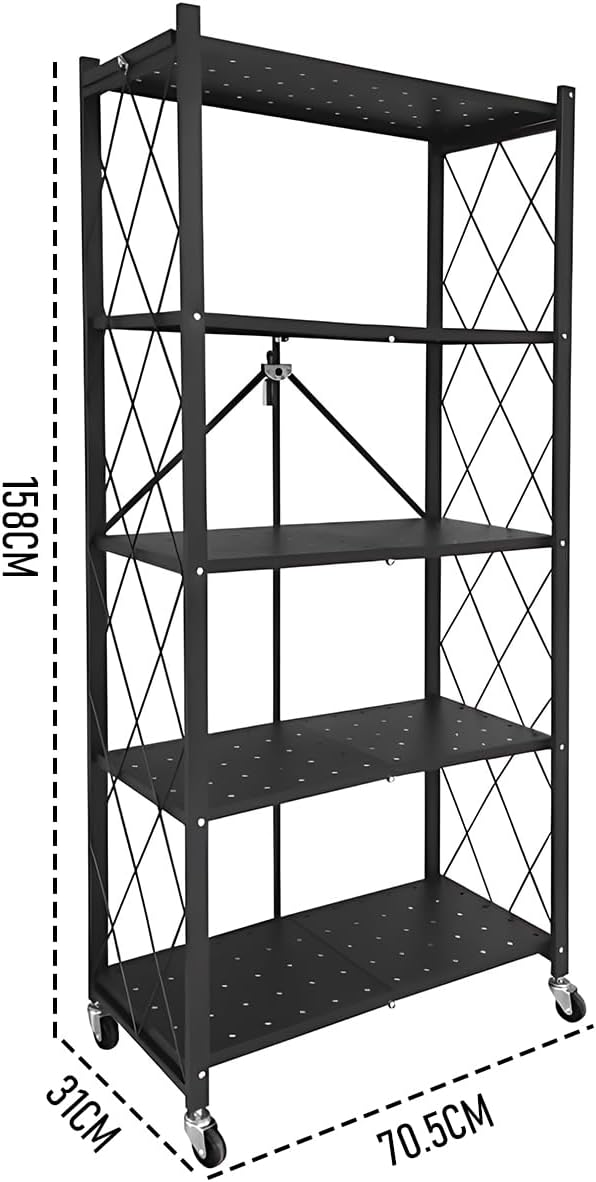 CARLA HOME 5-Tier Foldable Storage Shelf with Wheels for Kitchen, Garage, Pantry or Basement (Black)-1978962253252268034