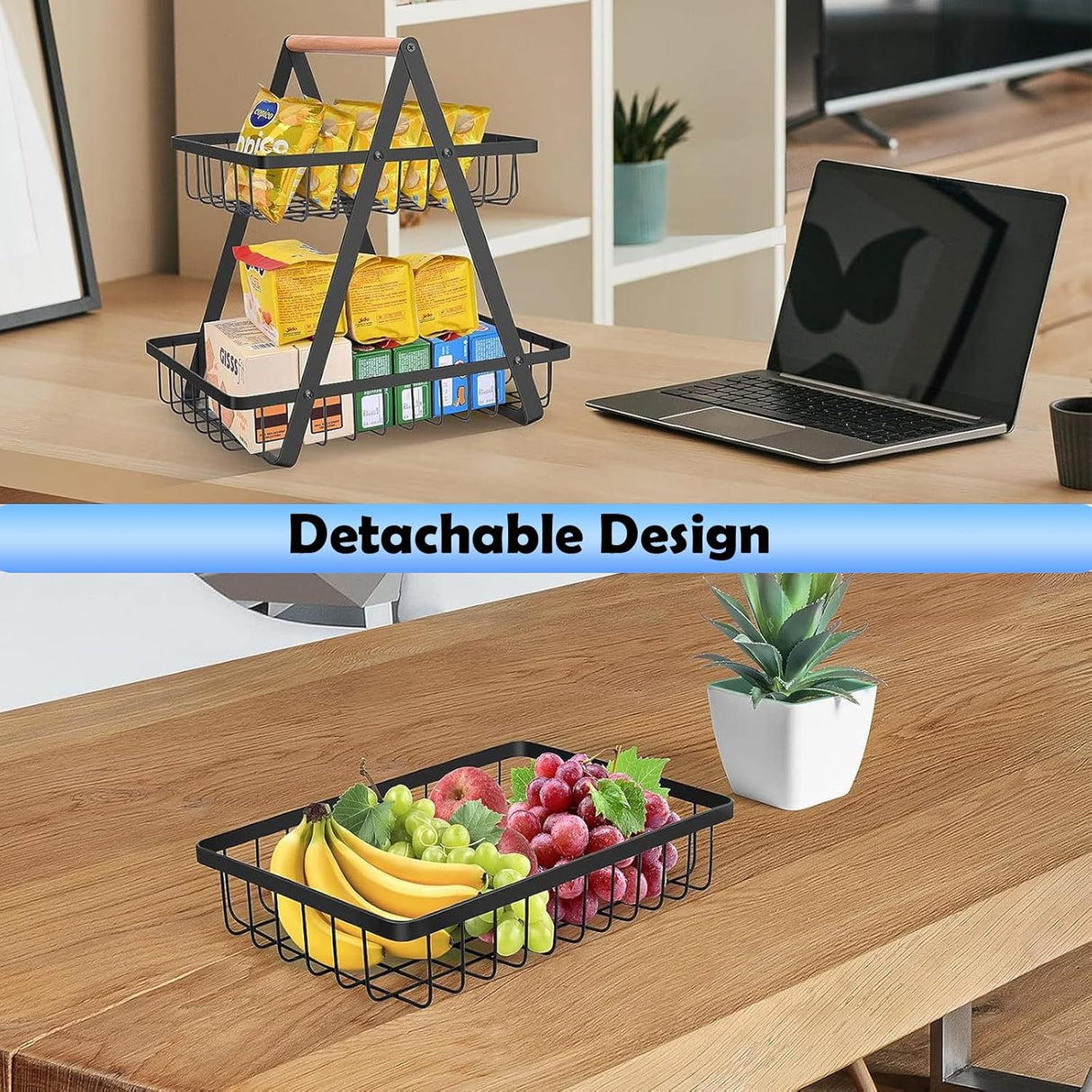 CARLA HOME 2-Tier Fruit Basket Stand for Kitchen Countertop for Fruits, Vegetables, Bread & Snacks with Wooden Handle-1992735293362540549