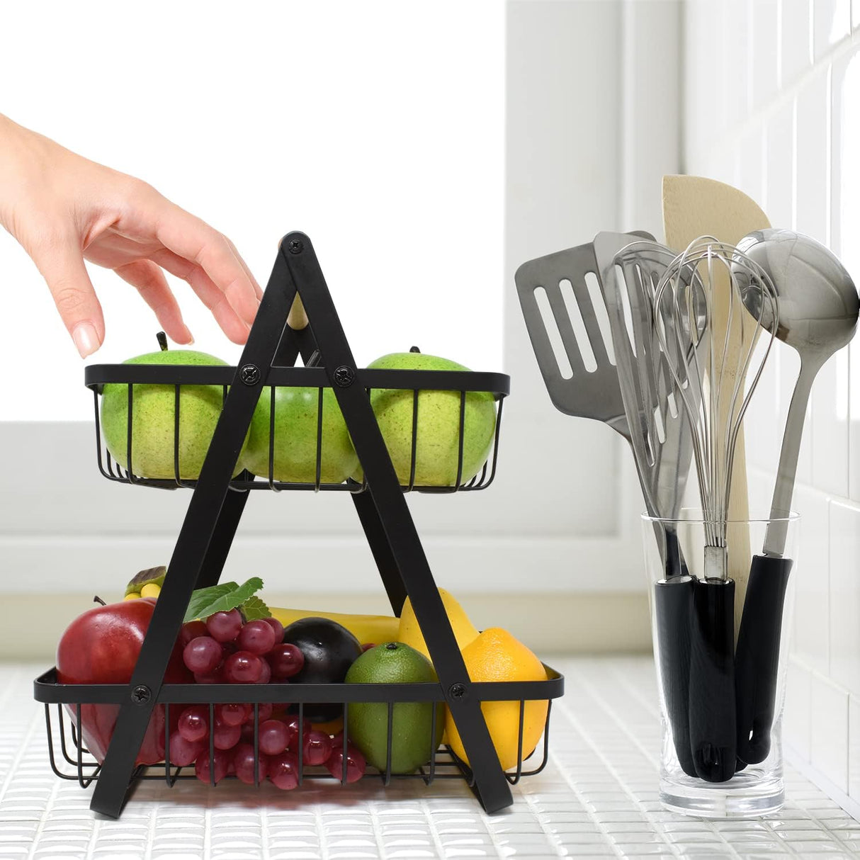 CARLA HOME 2-Tier Fruit Basket Stand for Kitchen Countertop for Fruits, Vegetables, Bread & Snacks with Wooden Handle-1992735293362540552
