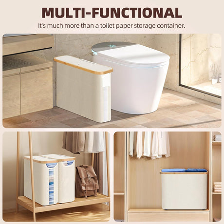 CARLA HOME Toilet Paper Storage Basket Holds Up to 12 Rolls with Bamboo Lid and Handle for RV Closet (White)-1992735297825280007