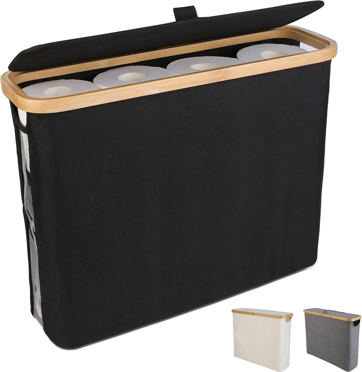 CARLA HOME Toilet Paper Storage Basket Holds Up to 12 Rolls with Bamboo Lid and Handle for RV Closet (Black)-1992735298517340160