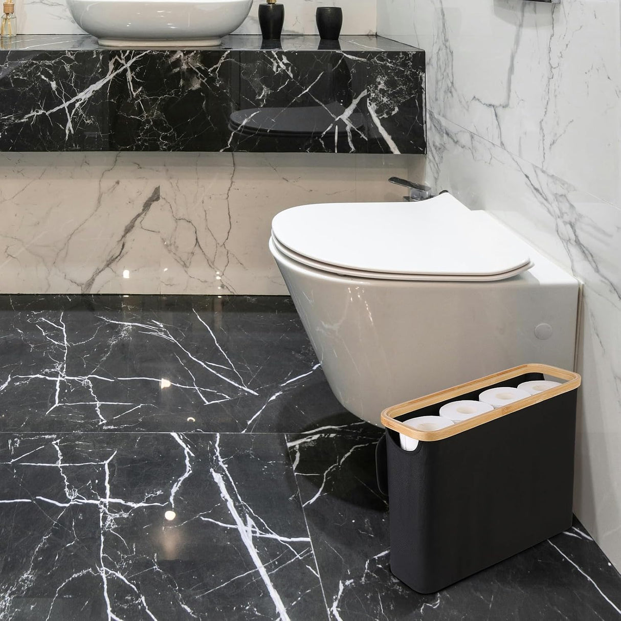 CARLA HOME Toilet Paper Storage Basket Holds Up to 12 Rolls with Bamboo Lid and Handle for RV Closet (Black)-1992735298517340161