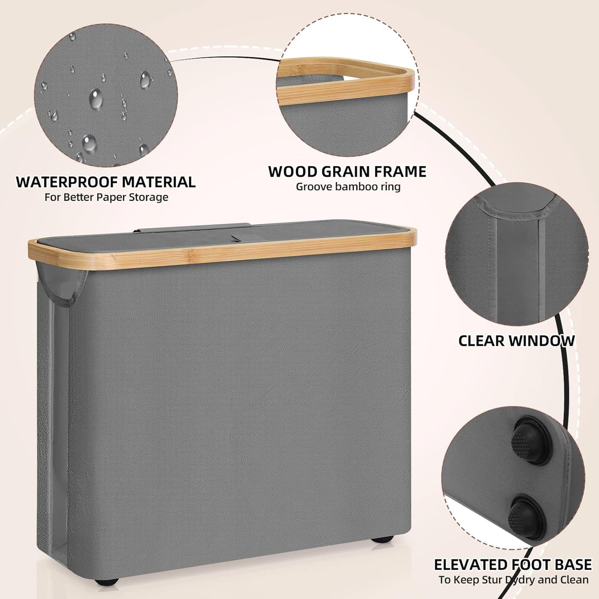 CARLA HOME Toilet Paper Storage Basket Holds Up to 12 Rolls with Bamboo Lid and Handle for RV Closet (Grey)-1992735289340203011