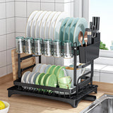CARLA HOME 2-Tier Dish Drying Rack with Drainage Tray, Utensil Holder, Cup Hooks & Cutting Board Slot for Countertop Kitchen Storage (Black)-1978962254653165568