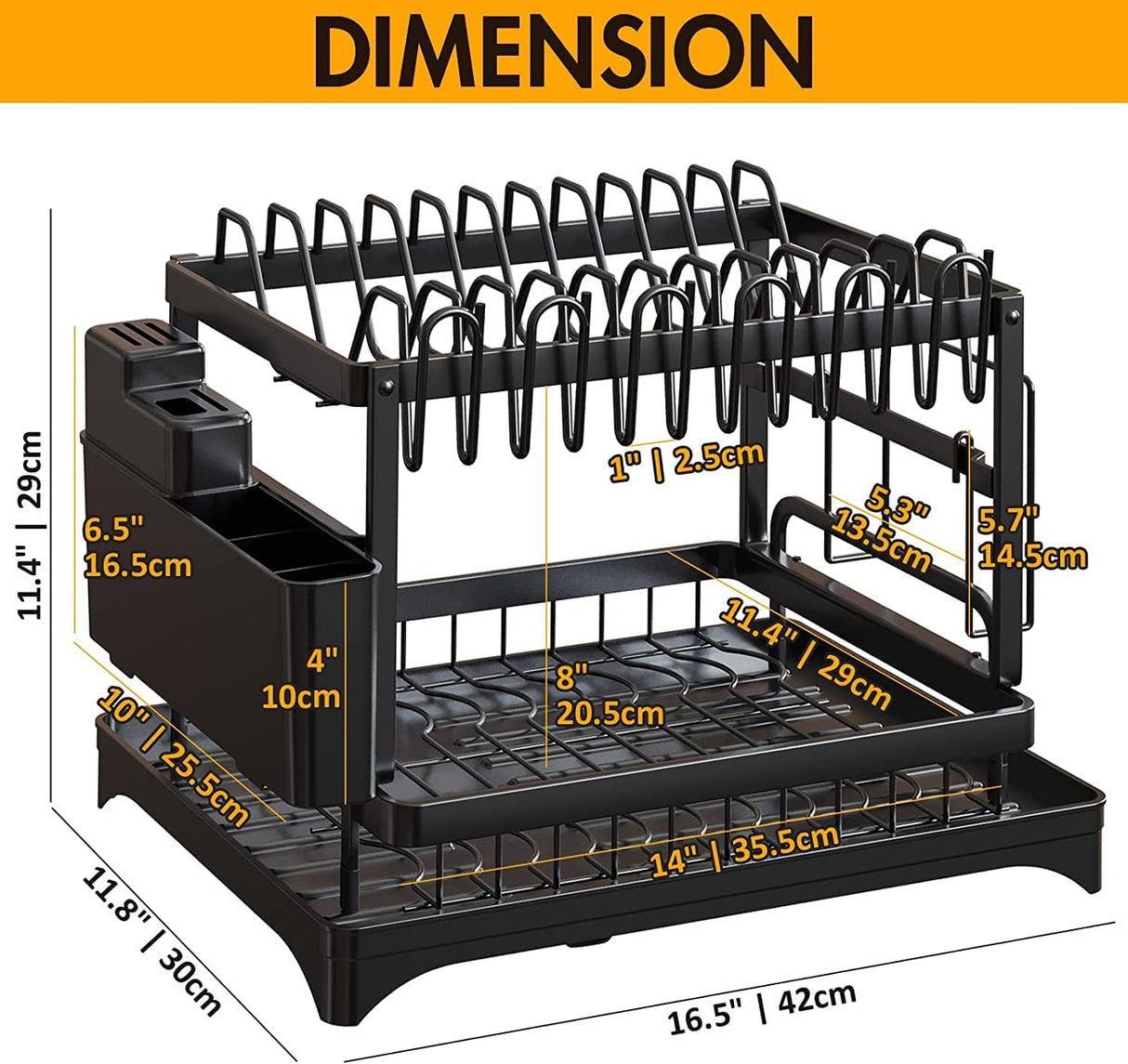 CARLA HOME 2-Tier Dish Drying Rack with Drainage Tray, Utensil Holder, Cup Hooks & Cutting Board Slot for Countertop Kitchen Storage (Black)-1978962254653165569