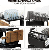 CARLA HOME 2-Tier Dish Drying Rack with Drainage Tray, Utensil Holder, Cup Hooks & Cutting Board Slot for Countertop Kitchen Storage (Black)-1978962254653165570