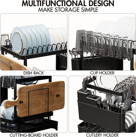 CARLA HOME 2-Tier Dish Drying Rack with Drainage Tray, Utensil Holder, Cup Hooks & Cutting Board Slot for Countertop Kitchen Storage (Black)-1978962254653165570