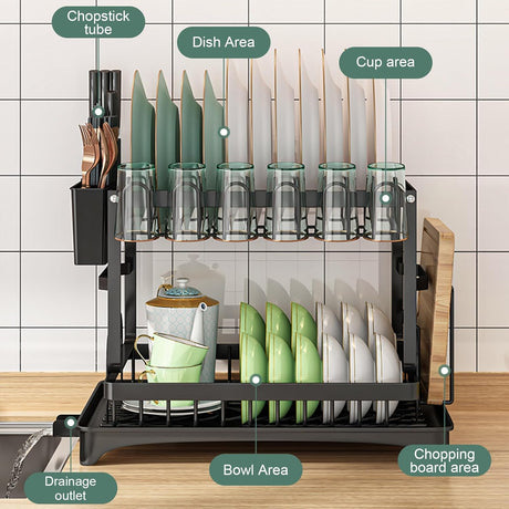 CARLA HOME 2-Tier Dish Drying Rack with Drainage Tray, Utensil Holder, Cup Hooks & Cutting Board Slot for Countertop Kitchen Storage (Black)-1978962254653165571