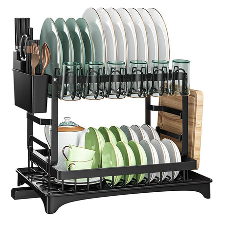 CARLA HOME 2-Tier Dish Drying Rack with Drainage Tray, Utensil Holder, Cup Hooks & Cutting Board Slot for Countertop Kitchen Storage (Black)-1978962254653165576