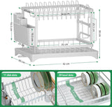 CARLA HOME 2-Tier Dish Drying Rack with Drainage Tray, Utensil Holder, Cup Hooks & Cutting Board Slot for Countertop Kitchen Storage (White)-1992735281312305153