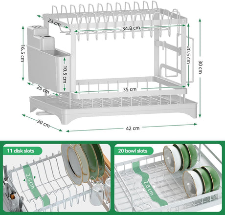 CARLA HOME 2-Tier Dish Drying Rack with Drainage Tray, Utensil Holder, Cup Hooks & Cutting Board Slot for Countertop Kitchen Storage (White)-1992735281312305153