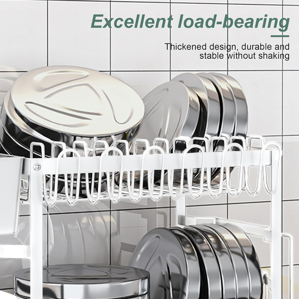 CARLA HOME 2-Tier Dish Drying Rack with Drainage Tray, Utensil Holder, Cup Hooks & Cutting Board Slot for Countertop Kitchen Storage (White)-1992735281312305156