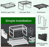 CARLA HOME 2-Tier Dish Drying Rack with Drainage Tray, Utensil Holder, Cup Hooks & Cutting Board Slot for Countertop Kitchen Storage (White) - Close-Up Angle