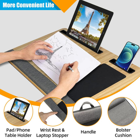 CARLA HOME Oversized Portable Lap Desk with Cushion,Mouse Pad, Tablet and Phone Holder which Fits Up to 17 Inch Laptops for Bed or Sofa (Brown)-1992735301461741572