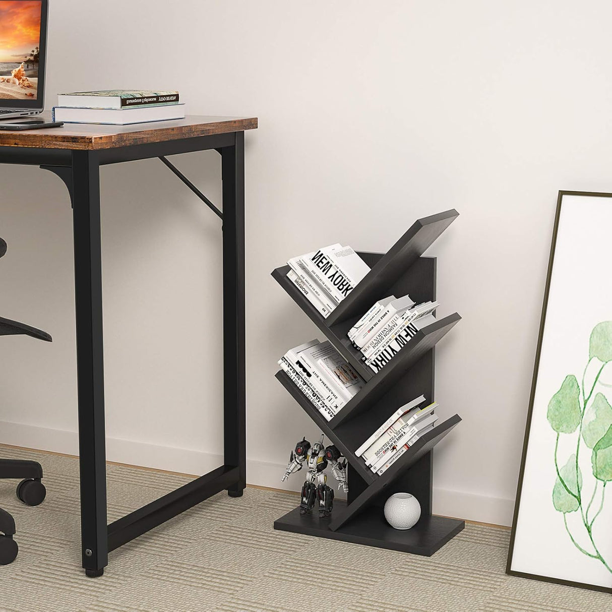 CARLA HOME 5-Tier Tree Bookshelf Storage Rack for Home Office or Bedroom (Black)-1992735295900094473