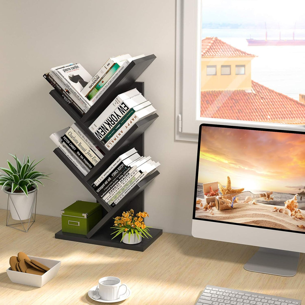 CARLA HOME 5-Tier Tree Bookshelf Storage Rack for Home Office or Bedroom (Black)-1992735295900094467