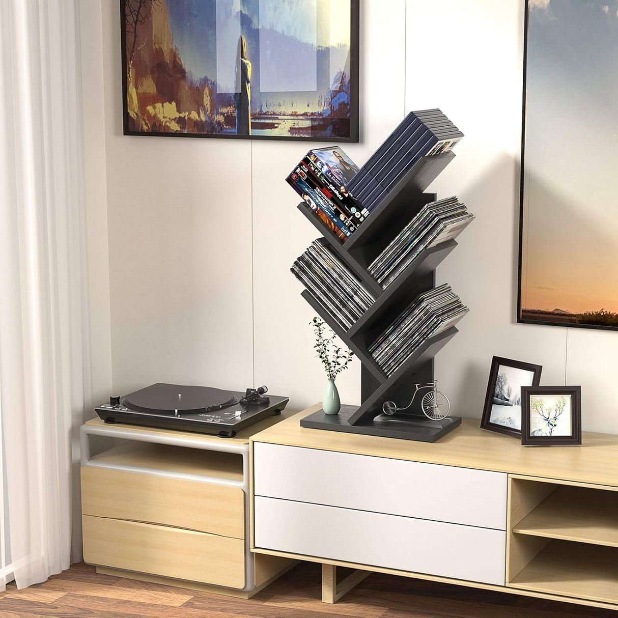 CARLA HOME 5-Tier Tree Bookshelf Storage Rack for Home Office or Bedroom (Black)-1992735295900094470