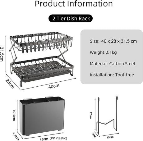 CARLA HOME 2-Tier Dish Drying Rack with Drainage Tray, Utensil Holder, Cup Hooks & Cutting Board Rack for Kitchen (Black)-1992735295317086209