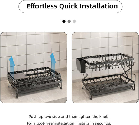 CARLA HOME 2-Tier Dish Drying Rack with Drainage Tray, Utensil Holder, Cup Hooks & Cutting Board Rack for Kitchen (Black)-1992735295317086211