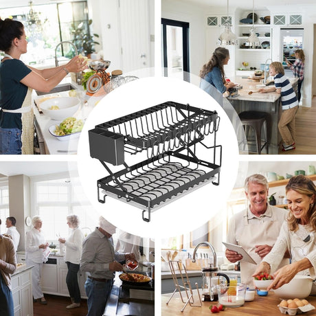 CARLA HOME 2-Tier Dish Drying Rack with Drainage Tray, Utensil Holder, Cup Hooks & Cutting Board Rack for Kitchen (Black)-1992735295317086216