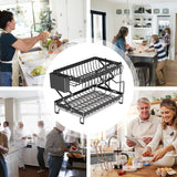 CARLA HOME 2-Tier Dish Drying Rack with Drainage Tray, Utensil Holder, Cup Hooks & Cutting Board Rack for Kitchen (Black) - Low Angle