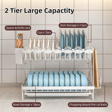 CARLA HOME 2-Tier Dish Drying Rack with Drainage Tray, Utensil Holder, Cup Hooks & Cutting Board Rack for Kitchen (White) - Side View
