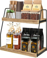 CARLA HOME 2-Tier Wooden Coffee Station Rack Organizer for Coffee Bar, Condiments, Syrups, Storage Jars & Spice Storage Shelf - Low Angle