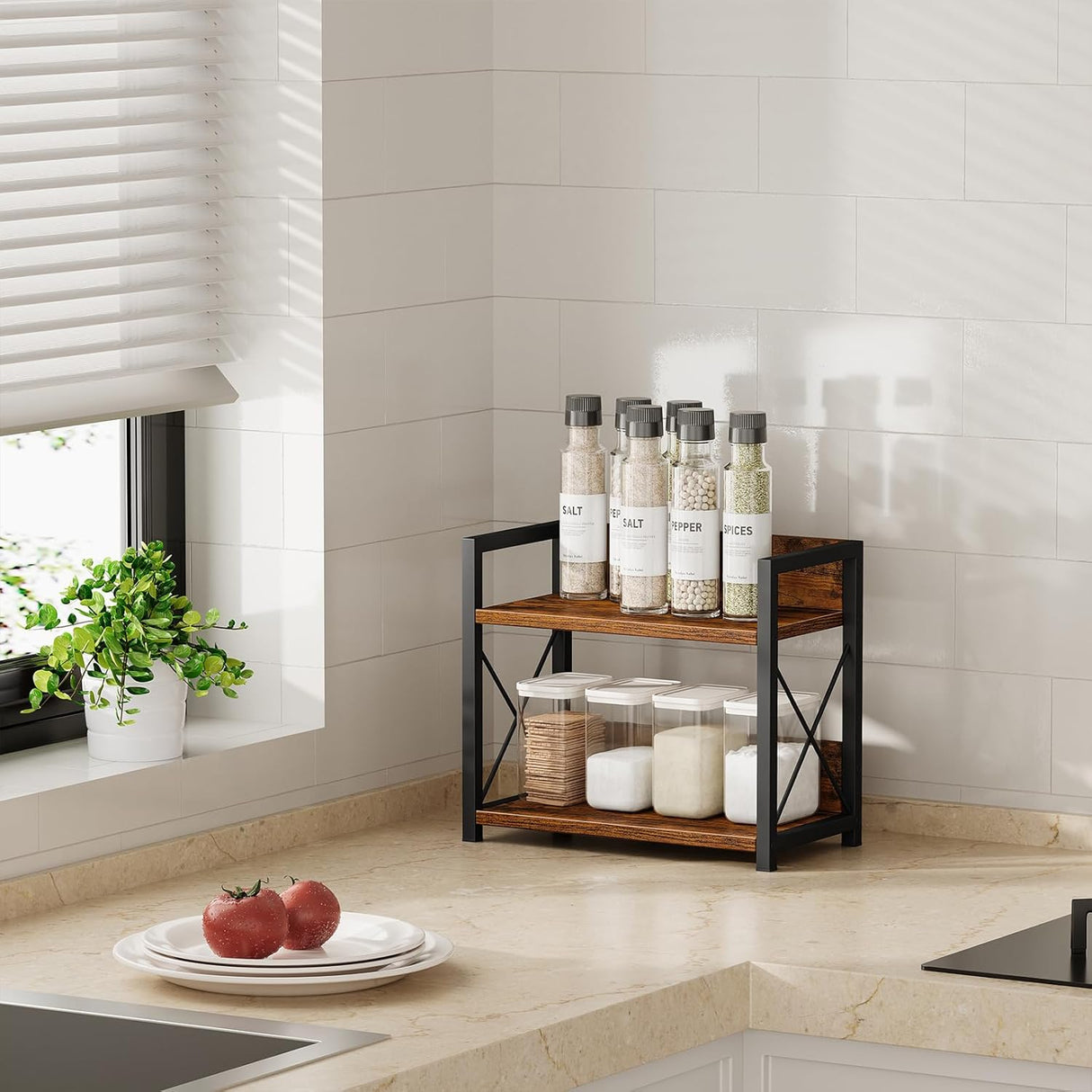 CARLA HOME 2-Tier Countertop Shelf Organizer Rustic Wood Kitchen Spice Rack for Storage, Condiments & Cabinet Organization-1992735286068645893