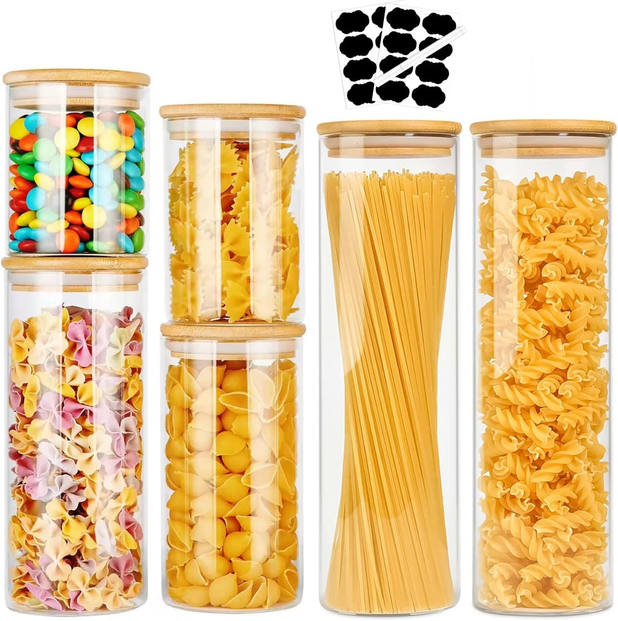 CARLA HOME 6 Pack Glass Storage Jars with Bamboo Lids for Kitchen Pantry, Pasta, Snacks, Cookies, Candy & More-1992735290023874560