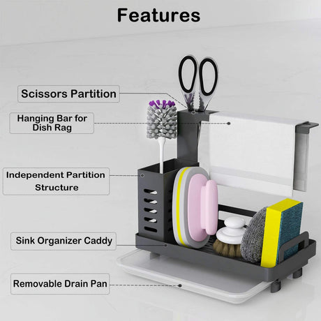 CARLA HOME Kitchen Sink Caddy Organizer with Sponge, Soap & Brush Storage and Rag Rack, Drain Tray & Utensil Holder-1992735286576156675