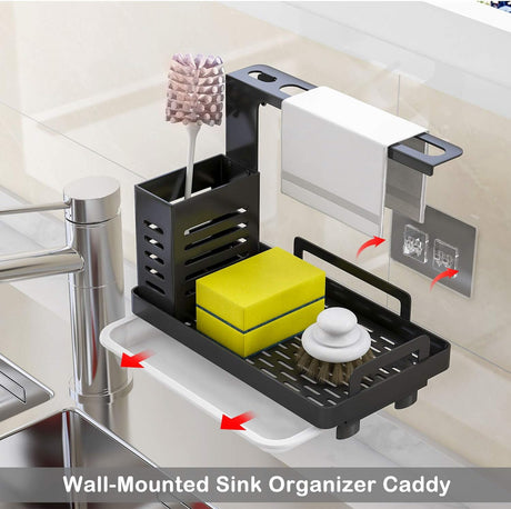 CARLA HOME Kitchen Sink Caddy Organizer with Sponge, Soap & Brush Storage and Rag Rack, Drain Tray & Utensil Holder-1992735286576156676