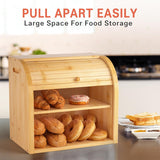 CARLA HOME Large Bamboo Bread Box Storage Organizer with Roll Top for Kitchen Counter - Side View