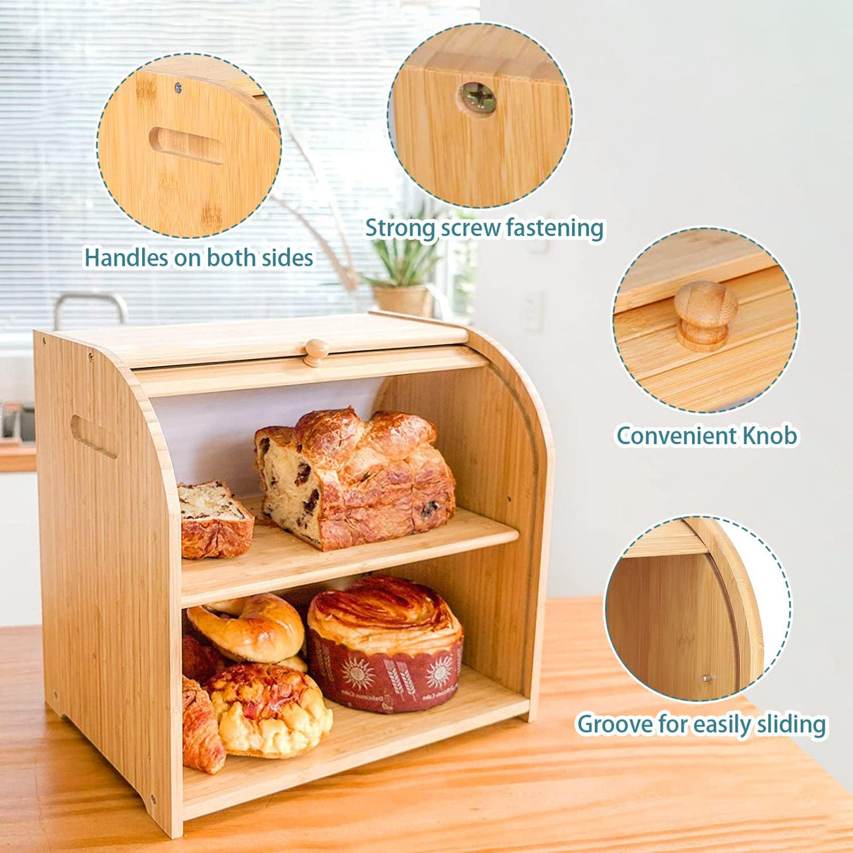 CARLA HOME Large Bamboo Bread Box Storage Organizer with Roll Top for Kitchen Counter-1992735282981638148