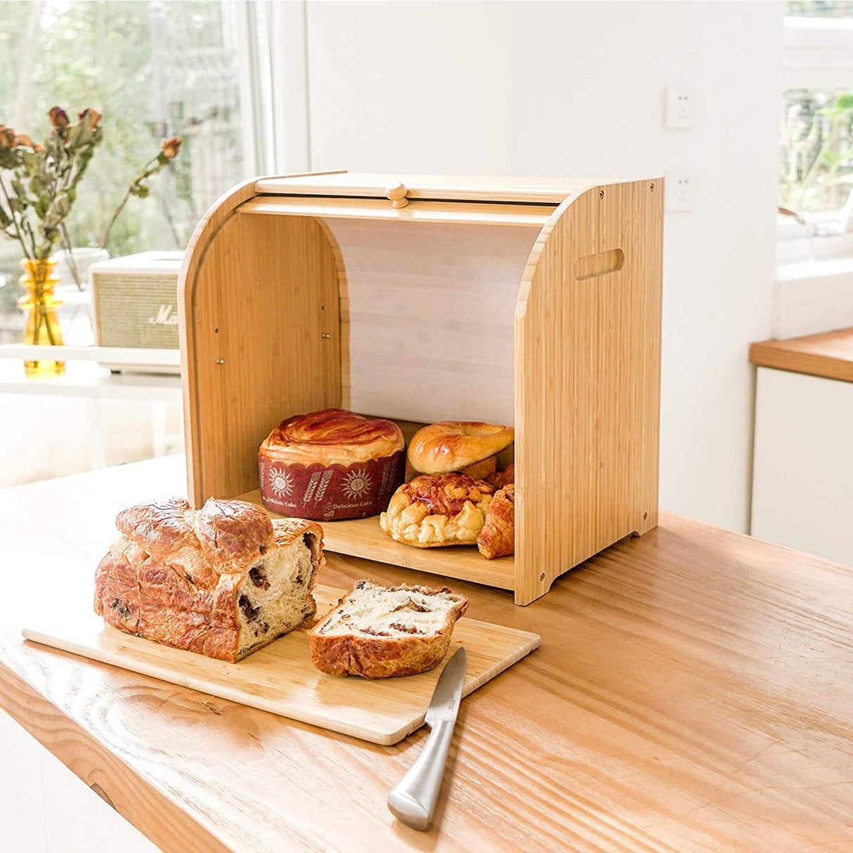 CARLA HOME Large Bamboo Bread Box Storage Organizer with Roll Top for Kitchen Counter-1992735282981638151