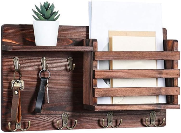 CARLA HOME Rustic Wood Wall Mounted Key and Mail Holder Organizer with Shelf, Letter Slot & 6 Hooks for Entryway Decor Home-1992735291626098692