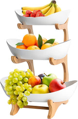 CARLA HOME 3-Tier Ceramic Fruit Bowl Basket with Bamboo Stand for Kitchen Counter, Snack Tray, Dessert Server & Vegetable Storage Rack - Extra Image