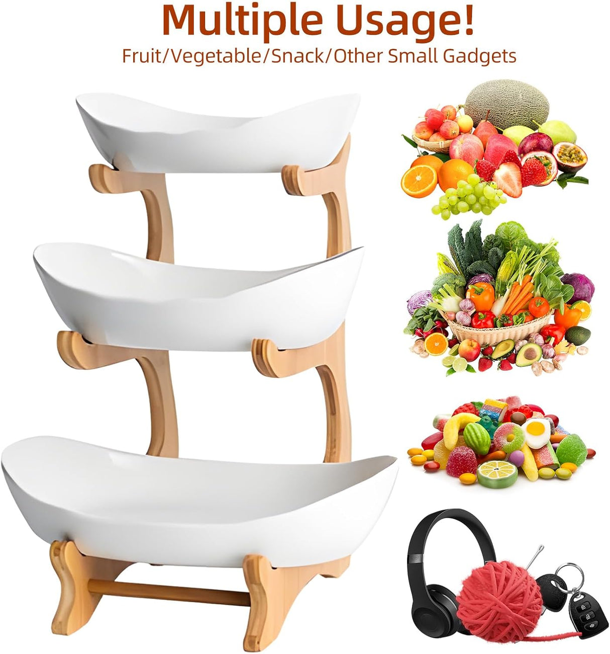 CARLA HOME 3-Tier Ceramic Fruit Bowl Basket with Bamboo Stand for Kitchen Counter, Snack Tray, Dessert Server & Vegetable Storage Rack-1992735282272800770