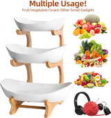 CARLA HOME 3-Tier Ceramic Fruit Bowl Basket with Bamboo Stand for Kitchen Counter, Snack Tray, Dessert Server & Vegetable Storage Rack - Front View