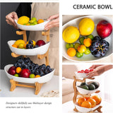 CARLA HOME 3-Tier Ceramic Fruit Bowl Basket with Bamboo Stand for Kitchen Counter, Snack Tray, Dessert Server & Vegetable Storage Rack - 45-Degree Angle