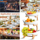 CARLA HOME 3-Tier Ceramic Fruit Bowl Basket with Bamboo Stand for Kitchen Counter, Snack Tray, Dessert Server & Vegetable Storage Rack - Rear View