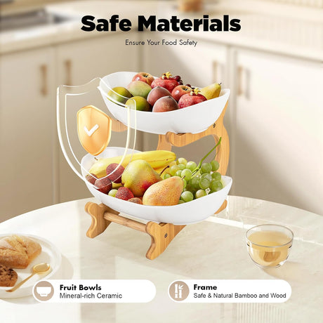 CARLA HOME 2-Tier Ceramic Fruit Bowl Basket with Bamboo Stand for Kitchen Counter, Snack Tray, Dessert Server & Vegetable Storage Rack-1992735285884096516